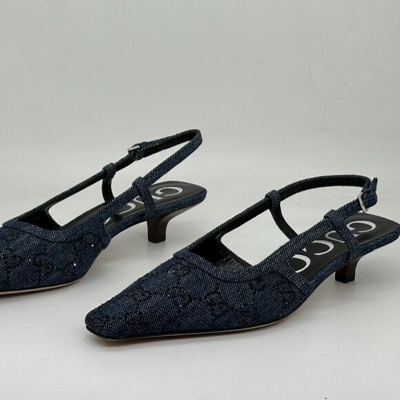 Gucci Crystal GG Monogram Demi Slingback Pumps Kitten Heels Sandals Shoes - Picture 11 of 16